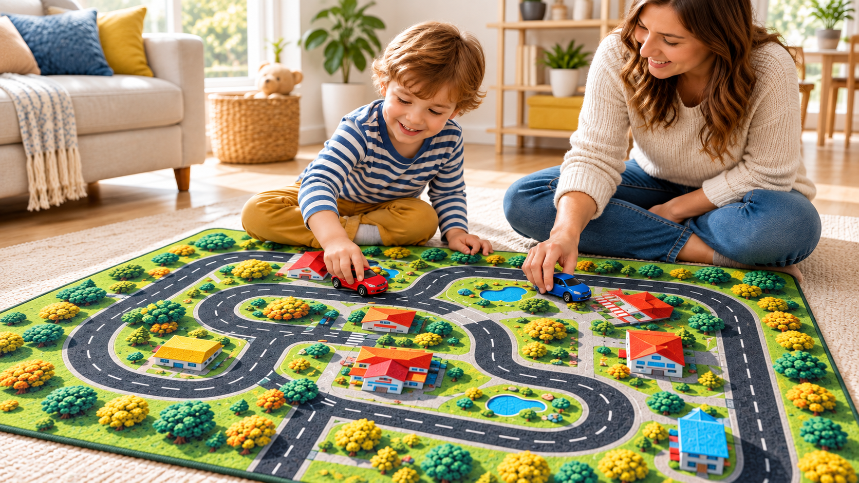 Young child and parent playing with small toy cars on a colourful road play rug