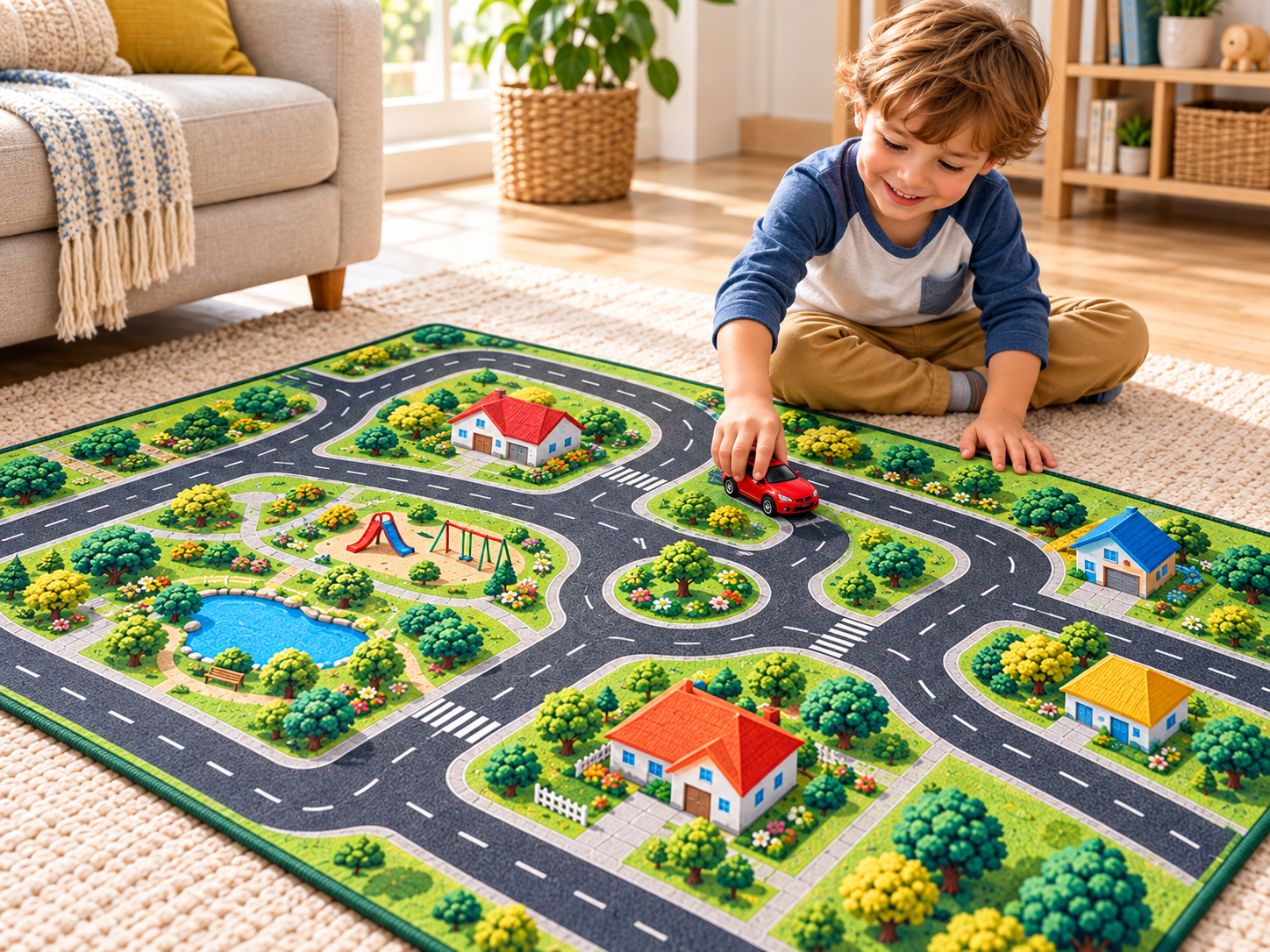 Child pushing a small toy car along a broad printed road on a colourful play rug