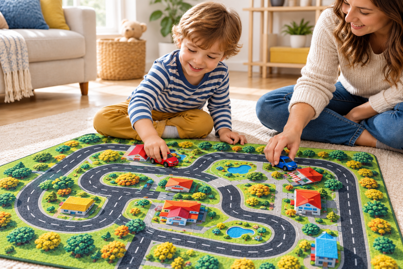 Preschooler and caregiver playing together with toy cars on a village play mat