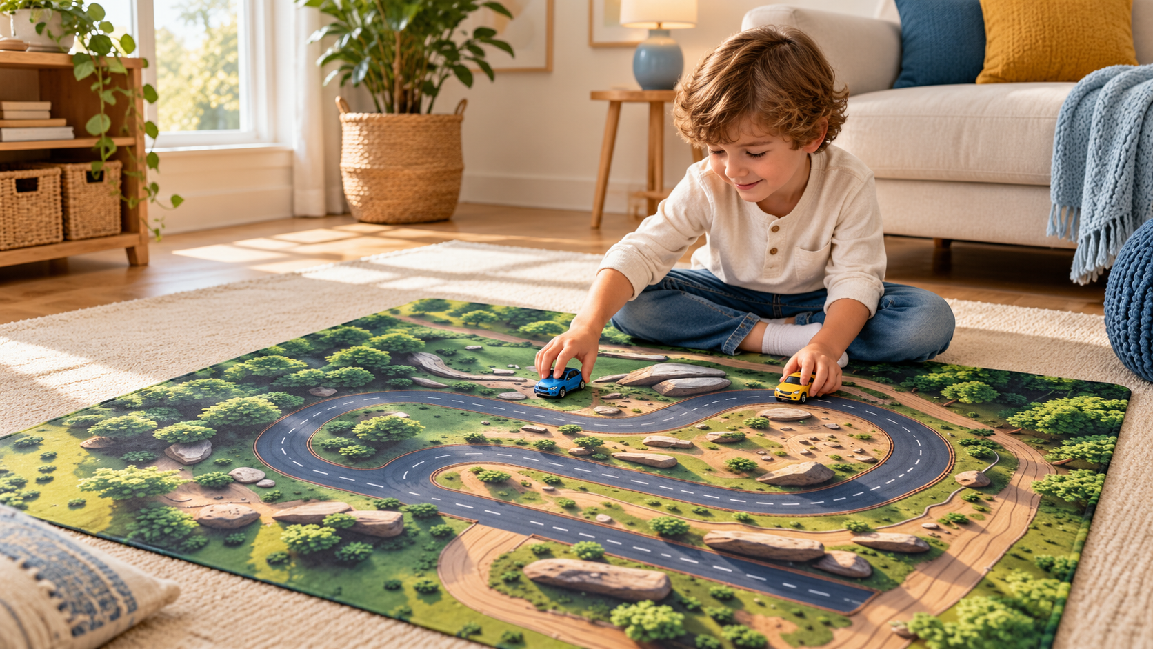 Child playing with toy cars on an illustrated forest road play mat